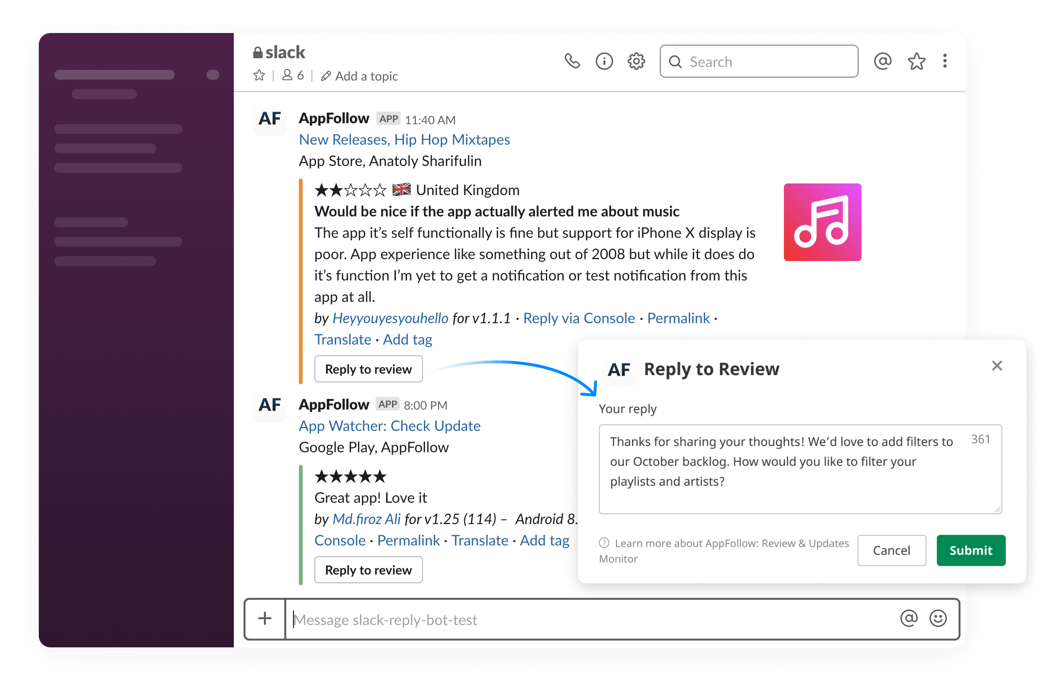 Manage your app and game reviews directly in Slack