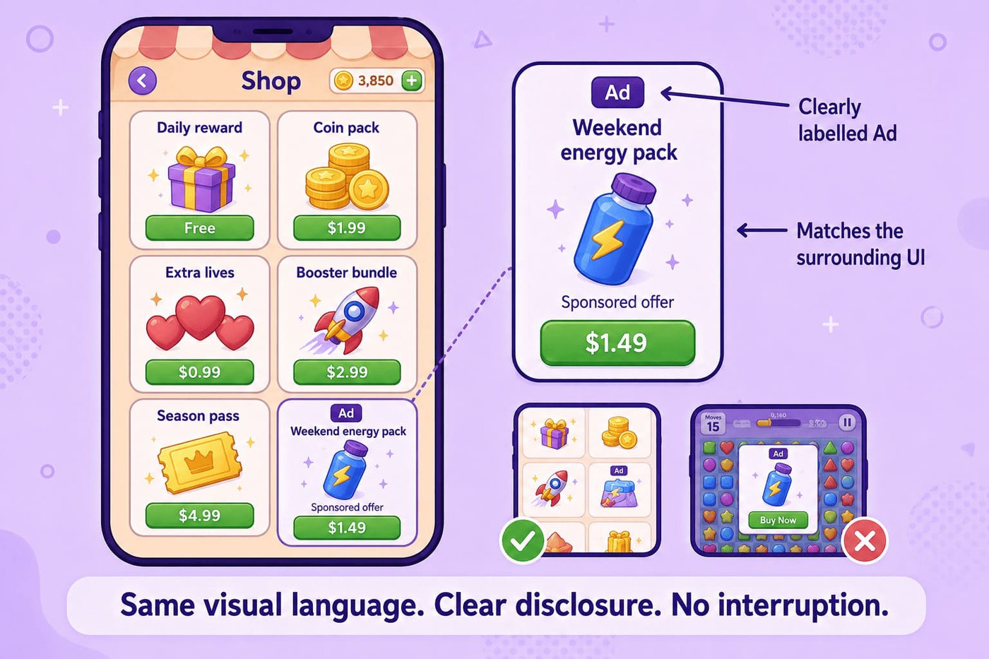Mobile-game shop containing a sponsored offer card that matches the surrounding interface but remains clearly marked as an advertisement.