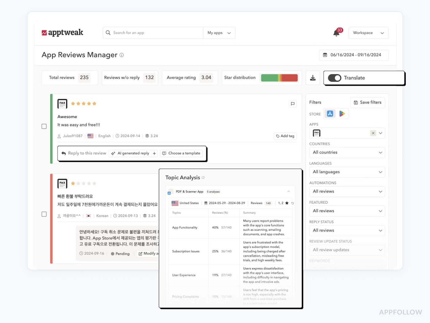 app review management software apptweak dashboard