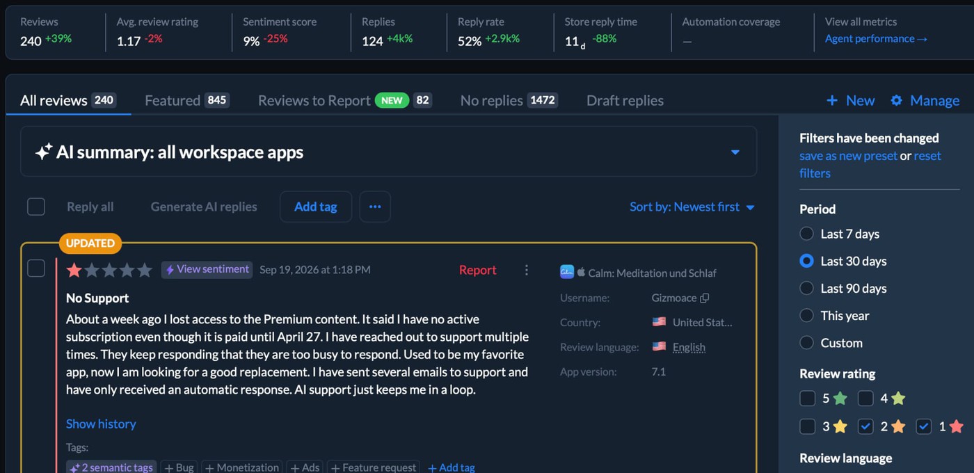 Appfollow review dashboard