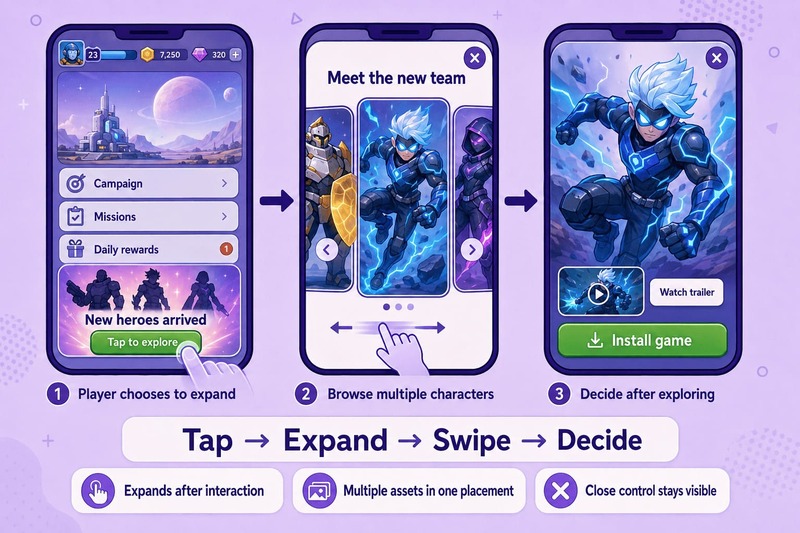 Expandable mobile ad progressing from a compact banner to a swipeable character gallery and an install prompt.