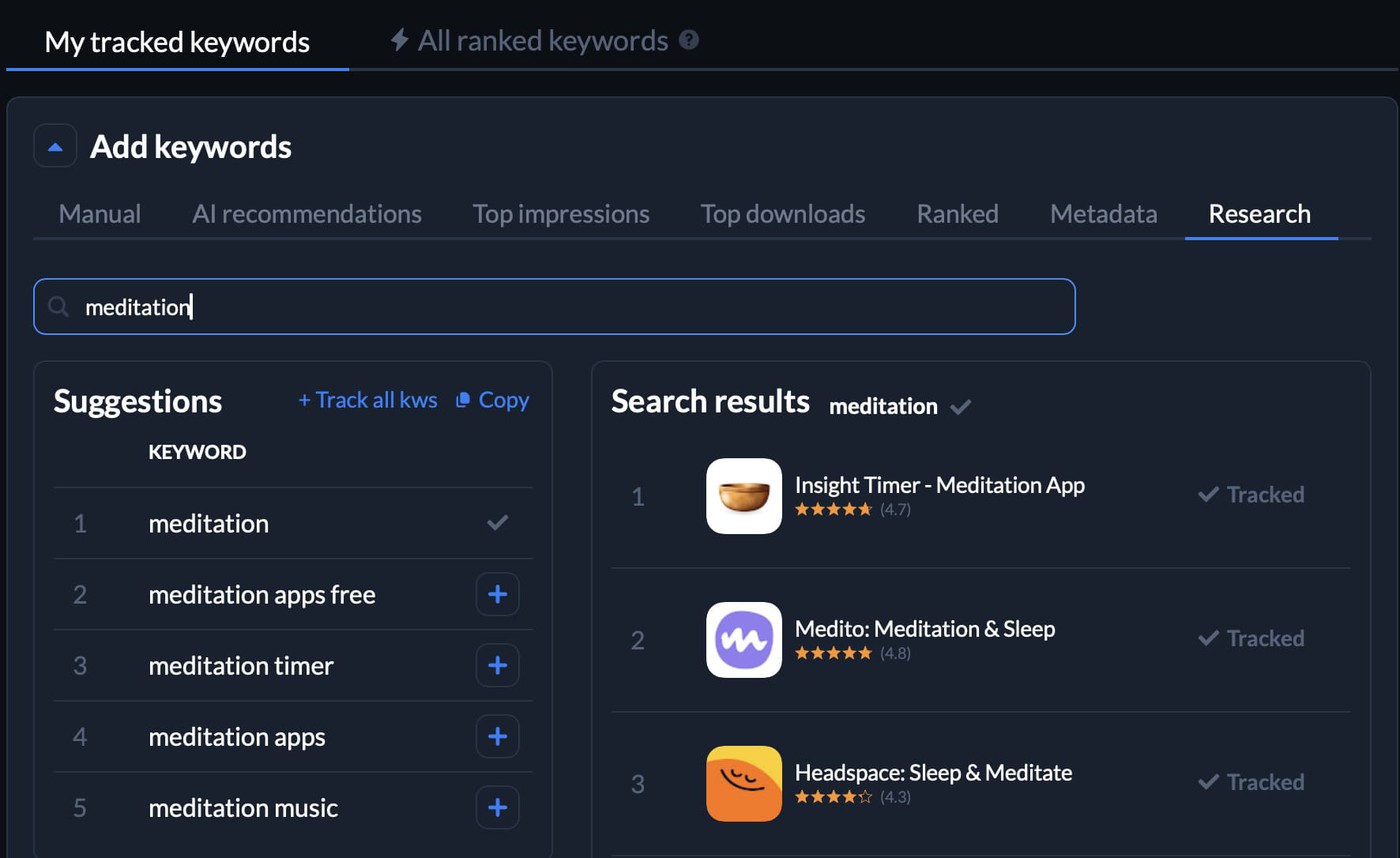 Manual research of keywords in AppFollow