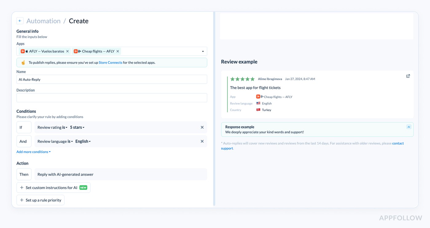 AI auto-replies setups in Appfollow