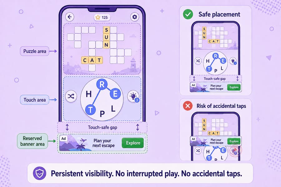 Word-puzzle game with a persistent banner positioned in a reserved area beneath the letter wheel and away from interactive controls.