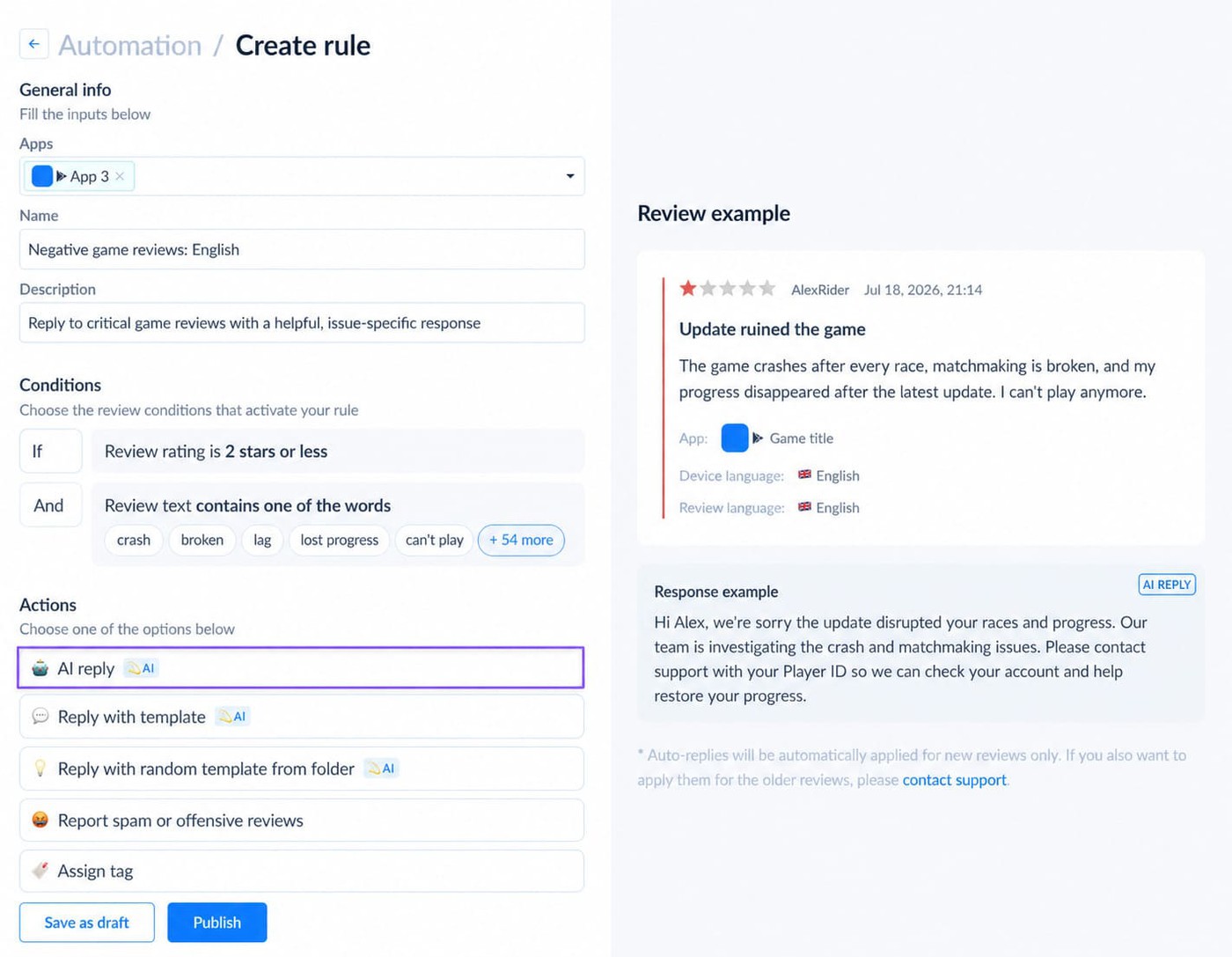 Auto-replies to negative reviews in Appfollow