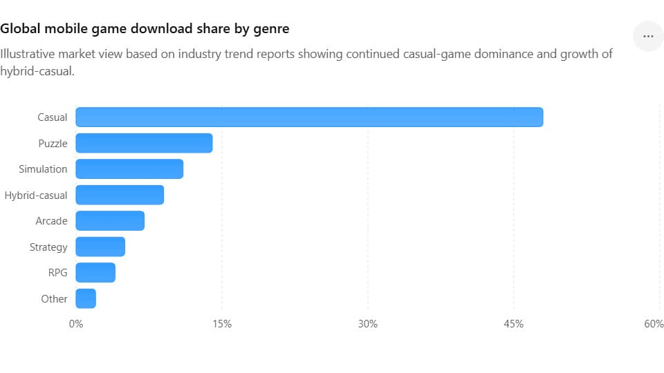 Genre mix: casual still rules, hybrid-casual keeps growing