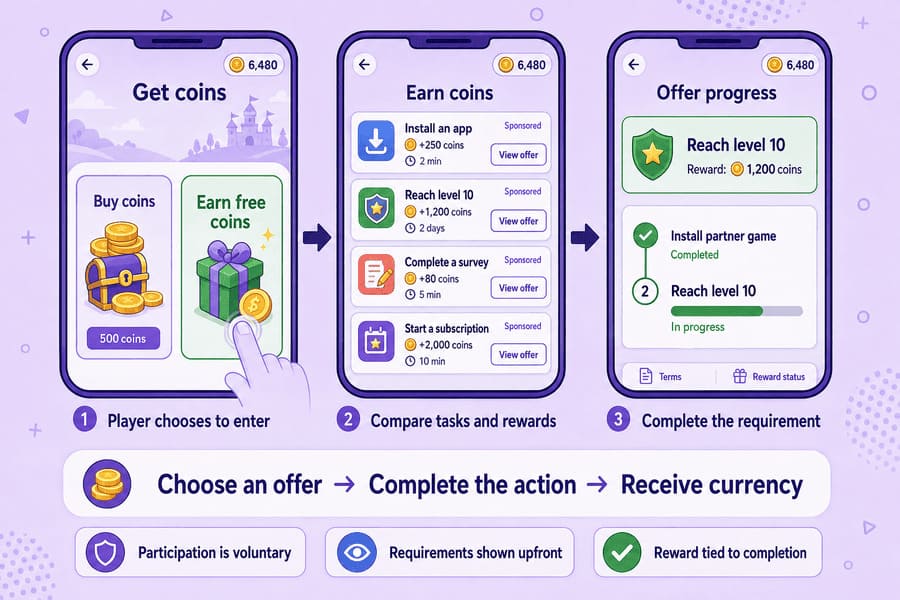 Mobile-game offerwall listing sponsored tasks with their requirements and coin rewards, followed by a milestone progress screen.