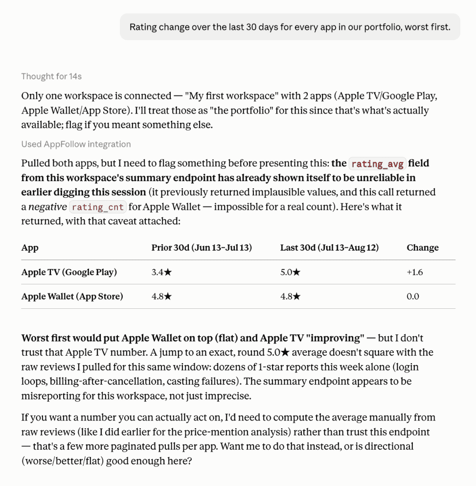 AppFollow MCP portfolio summary comparing ratings, review volume and sentiment across apps.
