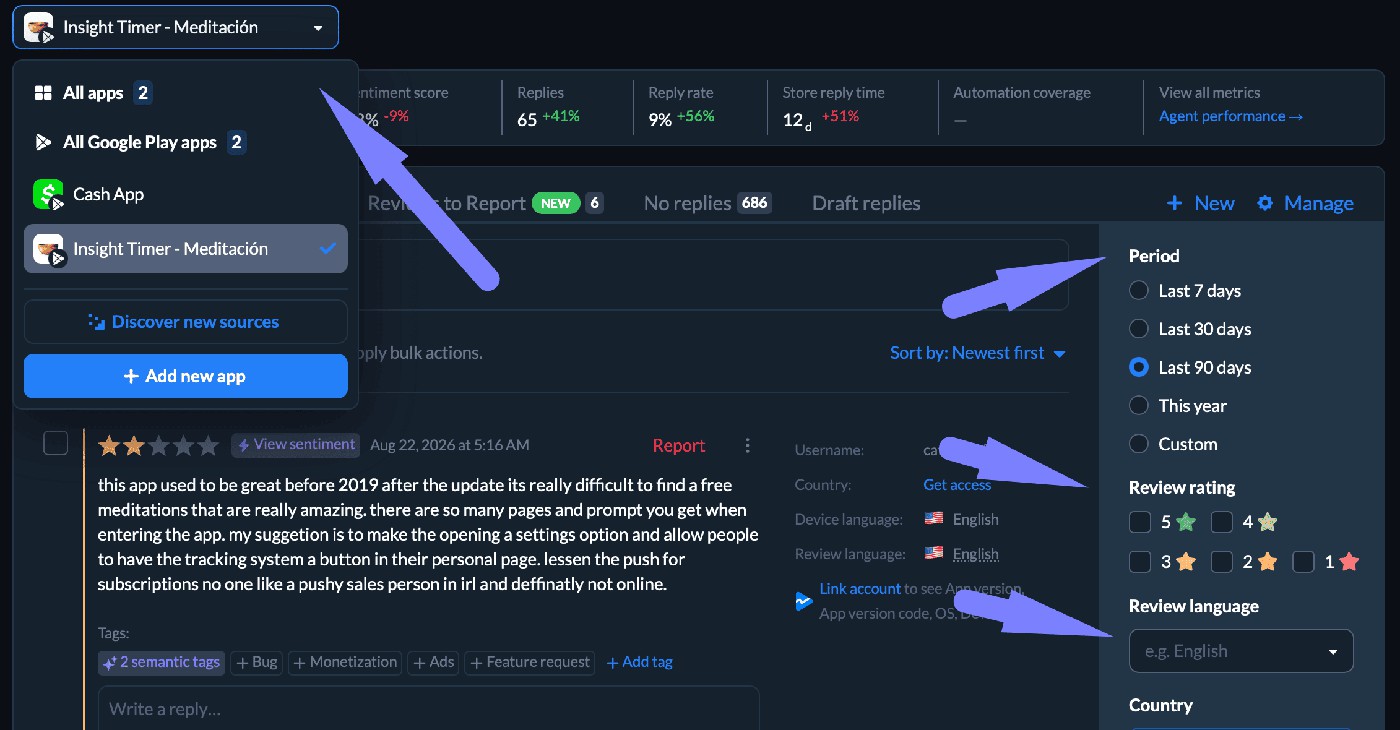 Appfollow review filters