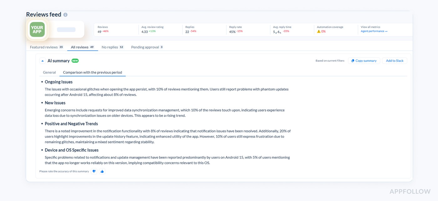AI Summary Comparison in Appfollow