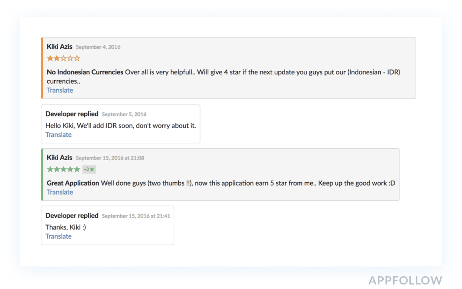 Aviasales found that 60% of users changed negative reviews to positive after a fast developer response.