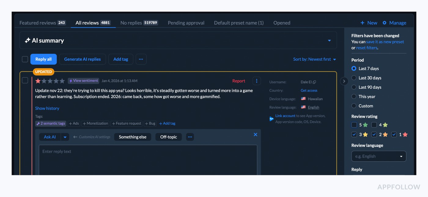 example of negative review in Appfollow dashboard