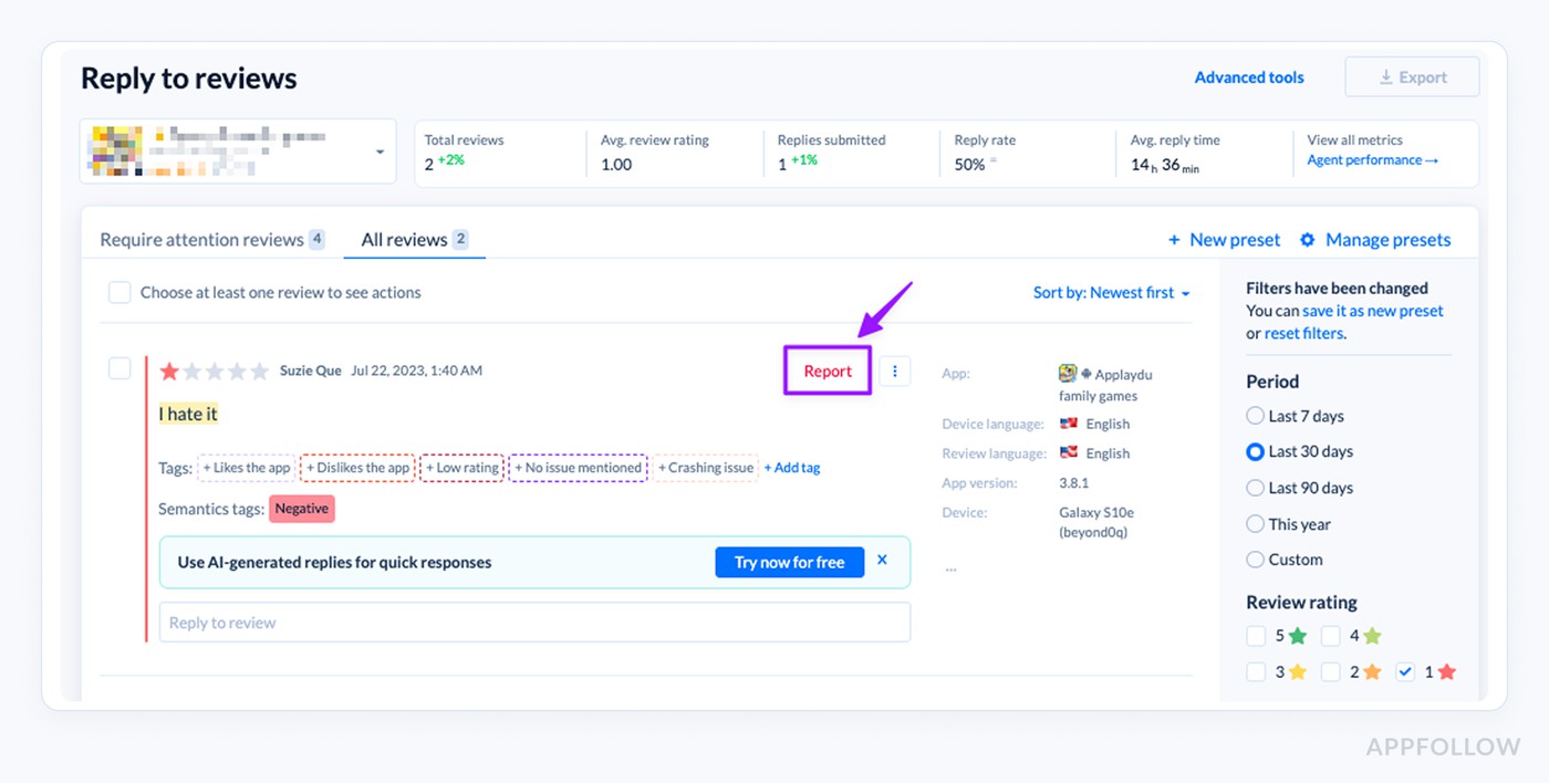 removing spam/offensive reviews using Appfollow