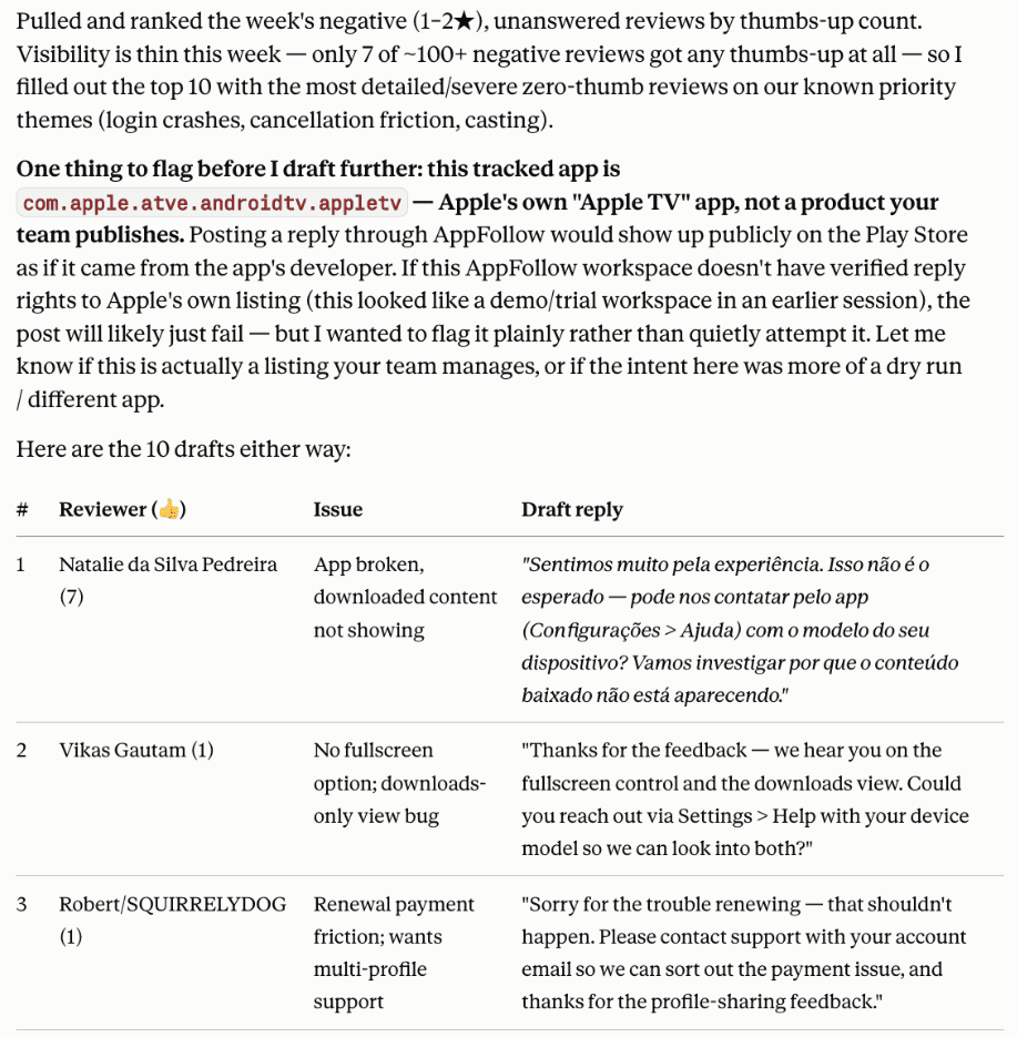 AI-assisted AppFollow workflow for finding negative reviews and preparing replies for approval.