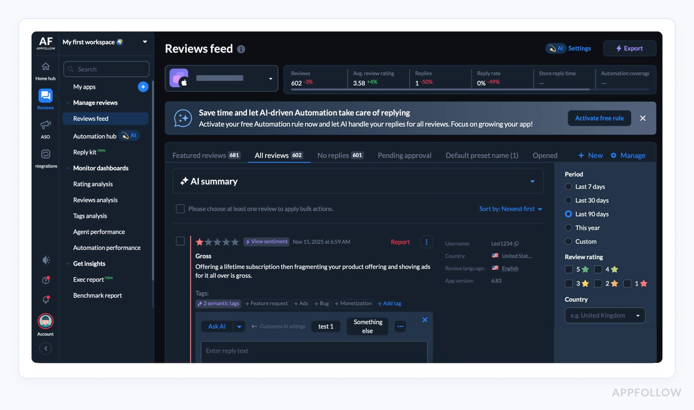 review management software for Google play store appfollow