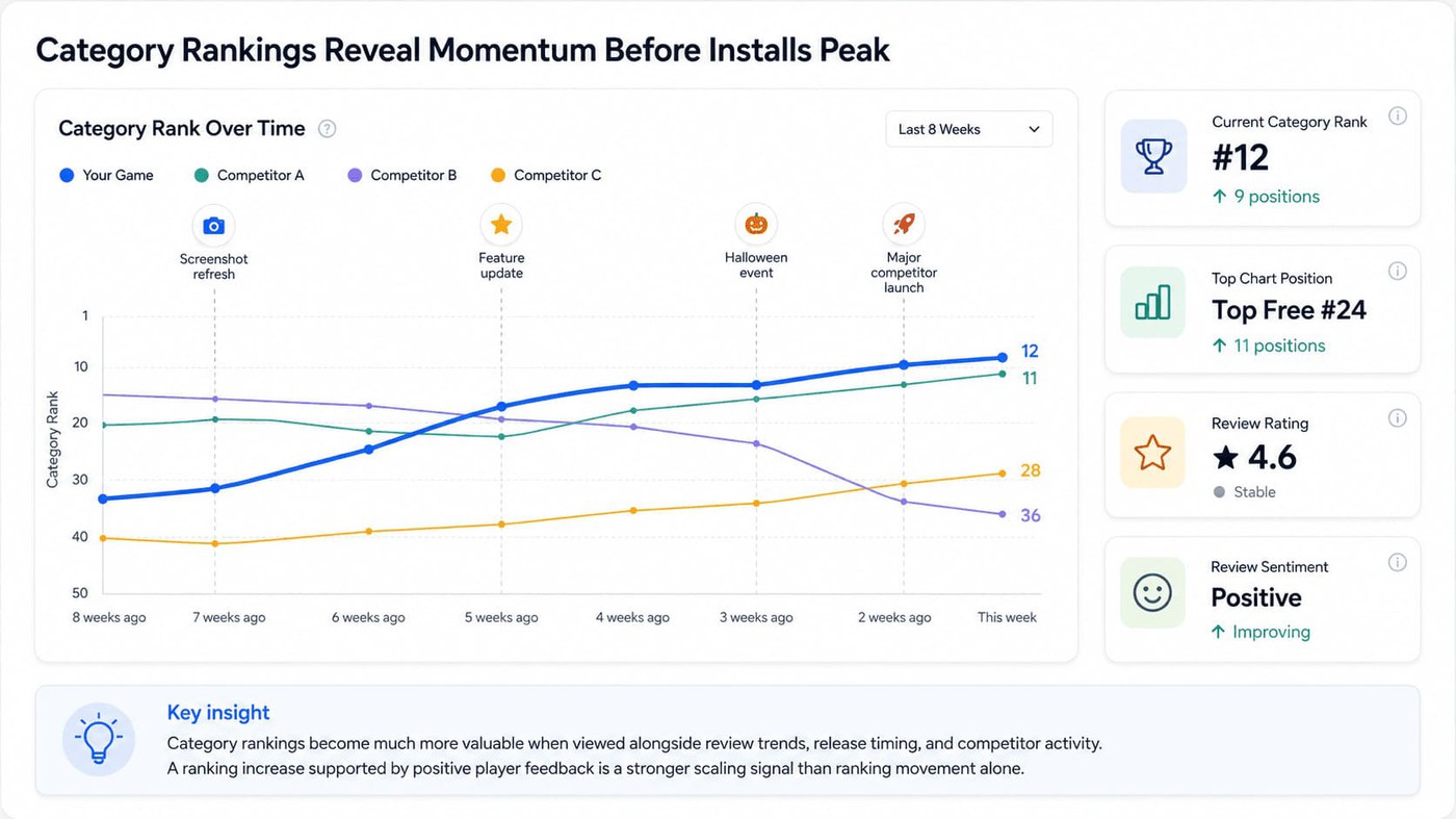 Conceptual rankings chart. Numbers and app labels are example data, not a performance claim.