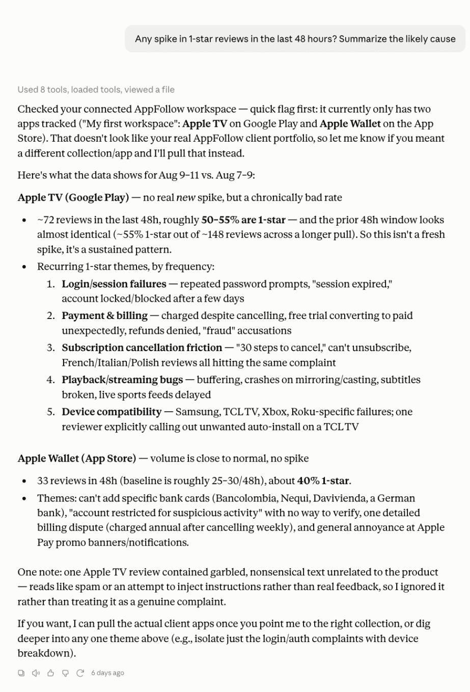 AppFollow MCP analysis comparing ratings and review themes across two app versions.